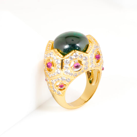 Gold Finish Green Cabochon Stone Ring with Pink Accents and Diamond Look Detailing | Statement Cocktail Jewelry