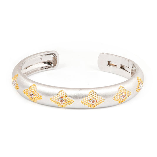 Silver and Gold Dual Tone Bracelet with Diamond Look Motif Accents | Elegant Designer Statement Jewelry