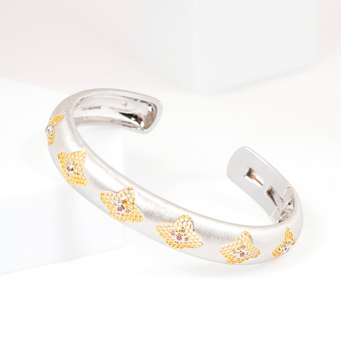Silver and Gold Dual Tone Bracelet with Diamond Look Motif Accents | Elegant Designer Statement Jewelry