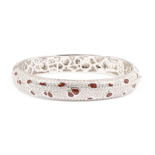 Silver Finish Diamond Look Bracelet with Red Enamel Accents | Modern Luxury Statement Jewelry