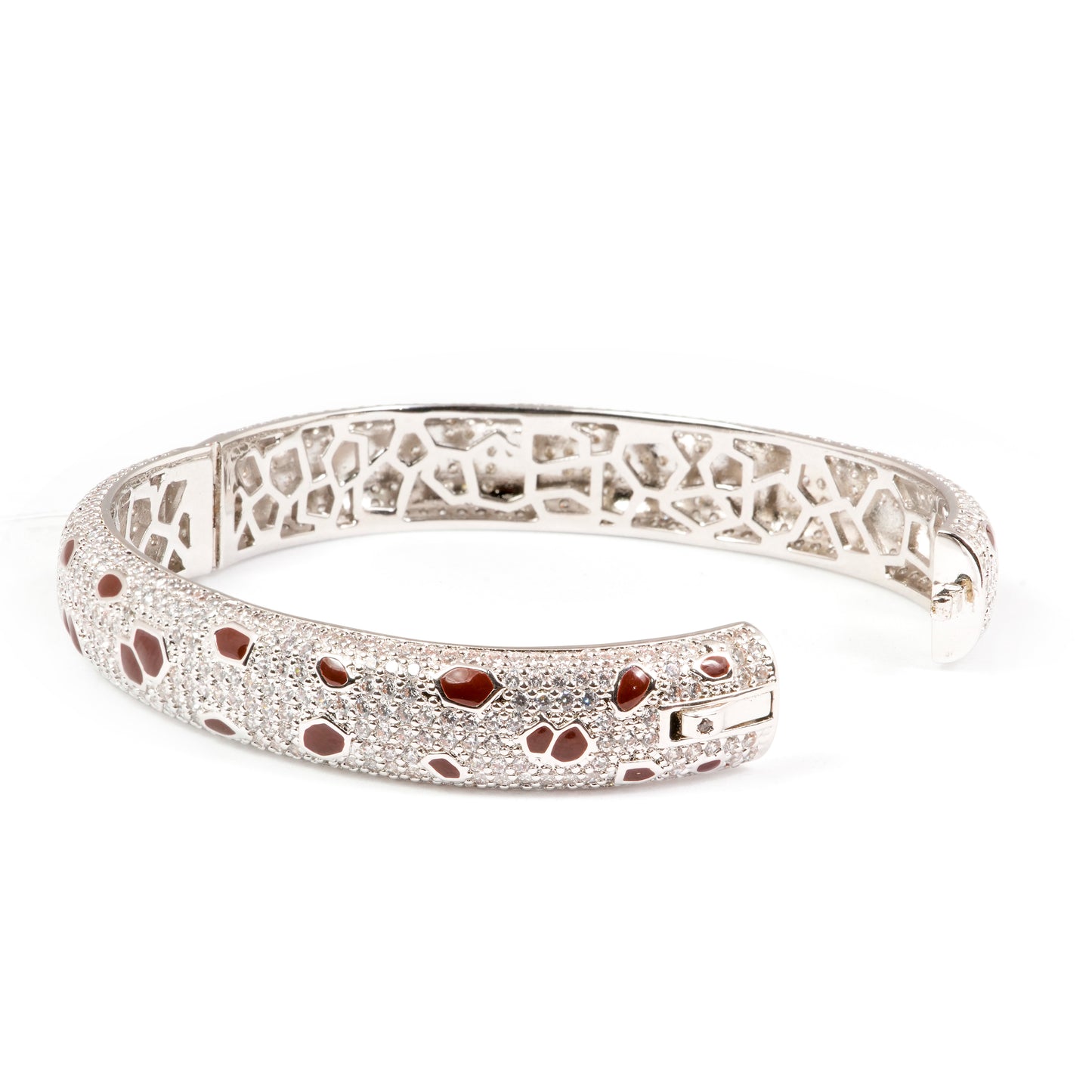 Silver Finish Diamond Look Bracelet with Red Enamel Accents | Modern Luxury Statement Jewelry