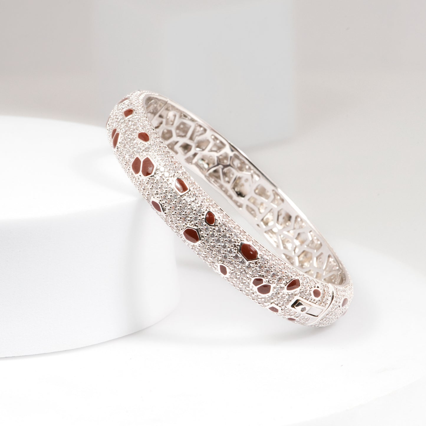 Silver Finish Diamond Look Bracelet with Red Enamel Accents | Modern Luxury Statement Jewelry