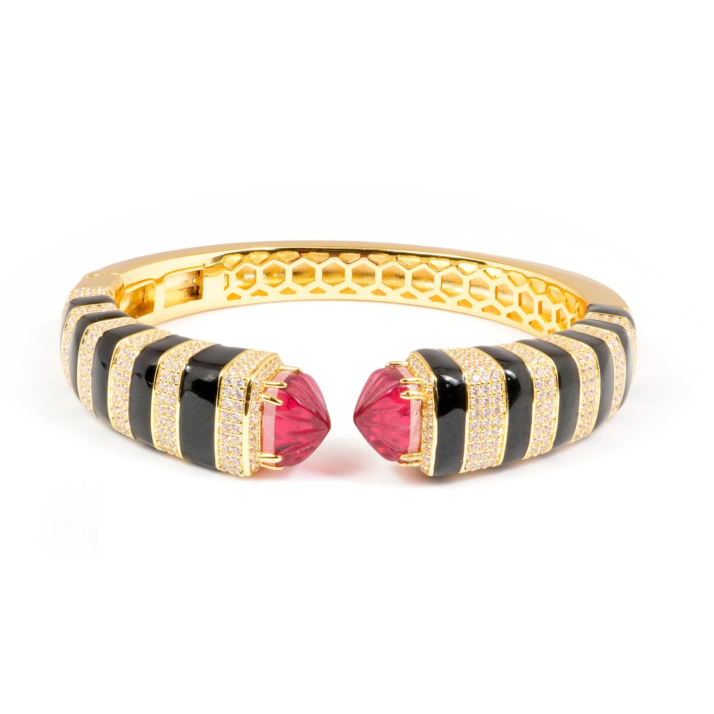 Gold Finish Open Cuff Bracelet with Black Enamel Stripes and Ruby Red Gemstone Tips | Bold Statement Jewelry for Festive and Evening Glamour