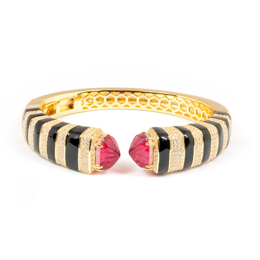 Gold Finish Open Cuff Bracelet with Black Enamel Stripes and Ruby Red Gemstone Tips | Bold Statement Jewelry for Festive and Evening Glamour