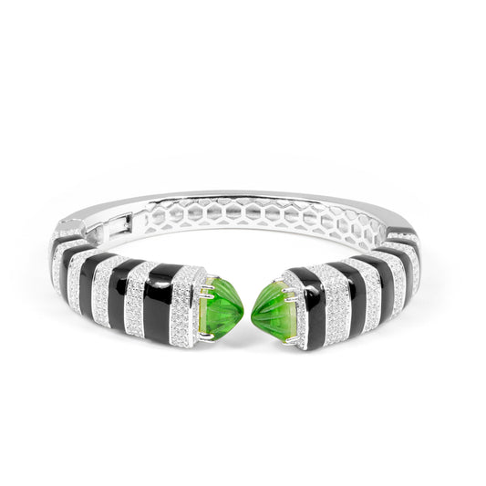 Silver Finish Open Cuff Bracelet with Black Enamel Stripes and Green Gemstone Tips | Modern Statement Jewelry for Bold Elegance