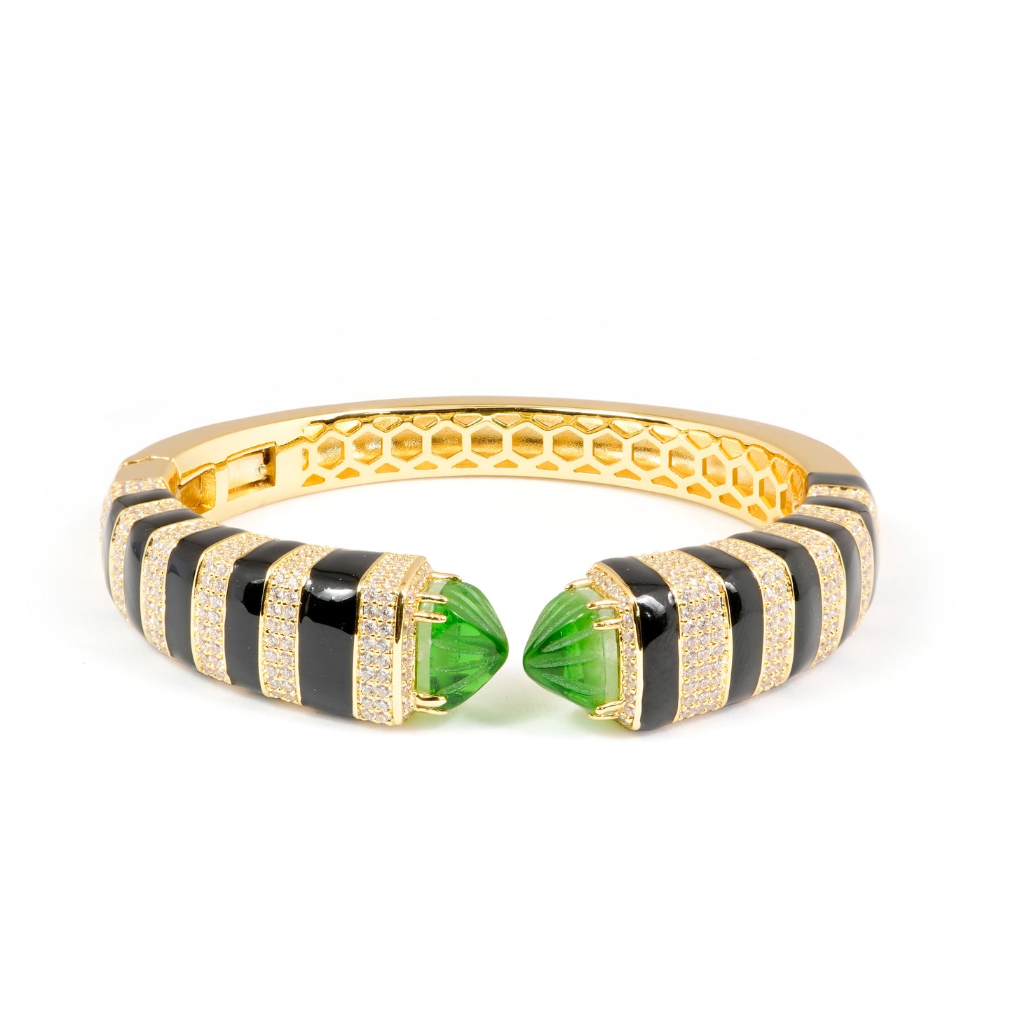 Gold Finish Open Cuff Bracelet with Black Enamel Stripes and Green Gemstone Tips | Luxury Statement Jewelry for Glamorous Occasions