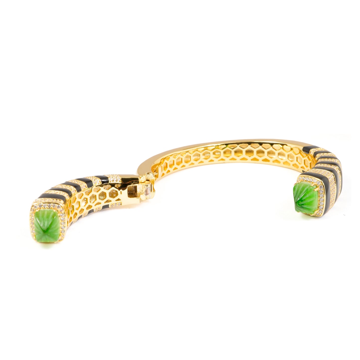 Gold Finish Open Cuff Bracelet with Black Enamel Stripes and Green Gemstone Tips | Luxury Statement Jewelry for Glamorous Occasions