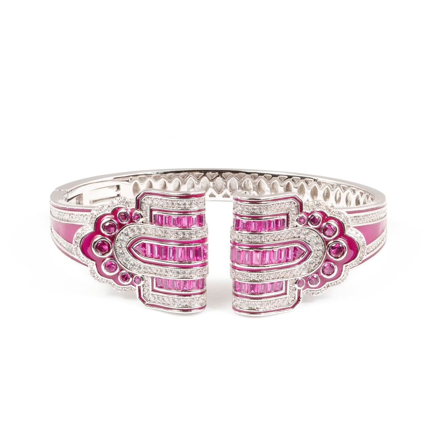 Silver Finish Open Cuff Bracelet with Pink Baguette Stones and Diamond Look Accents | Elegant Cocktail and Festive Jewelry
