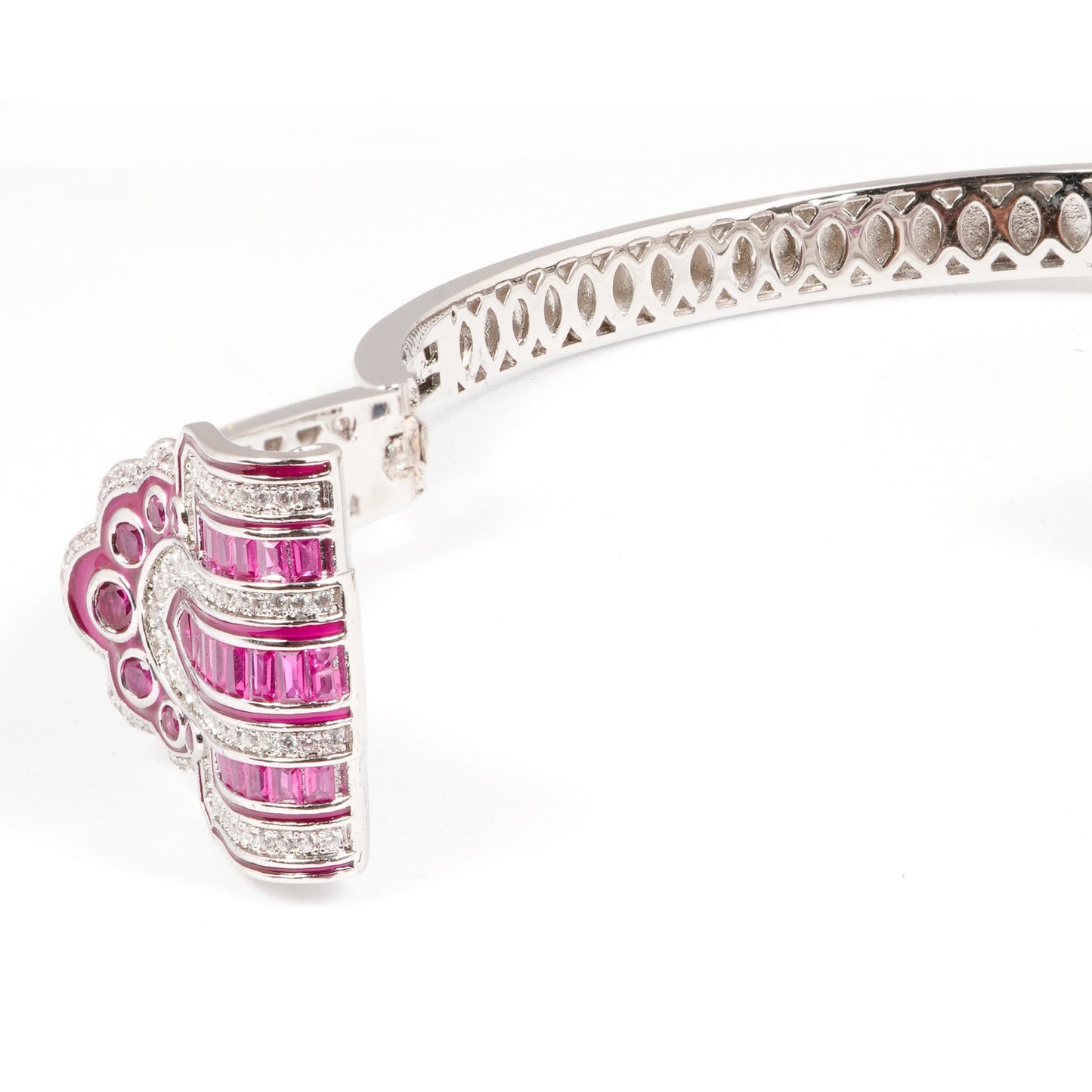 Silver Finish Open Cuff Bracelet with Pink Baguette Stones and Diamond Look Accents | Elegant Cocktail and Festive Jewelry