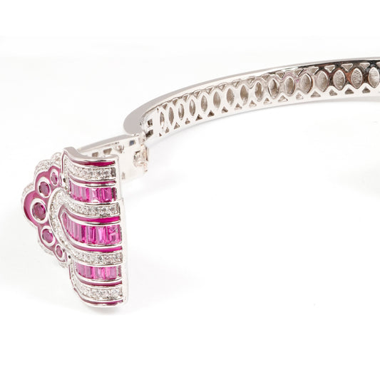 Silver Finish Open Cuff Bracelet with Pink Baguette Stones and Diamond Look Accents | Elegant Cocktail and Festive Jewelry