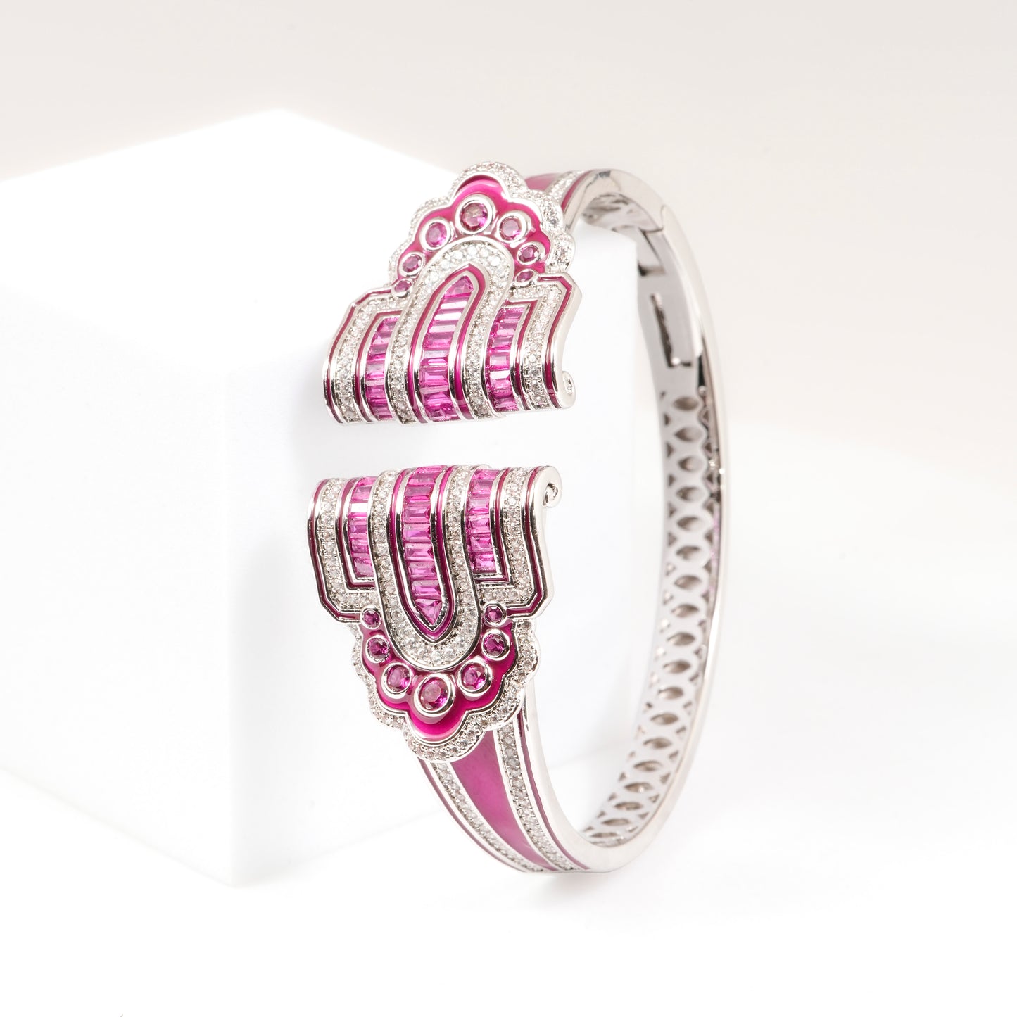 Silver Finish Open Cuff Bracelet with Pink Baguette Stones and Diamond Look Accents | Elegant Cocktail and Festive Jewelry
