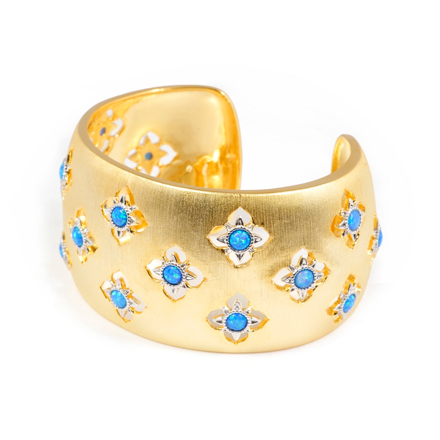 Wide Gold Cuff Bracelet with Intricate Blue Stone Floral Motifs and Satin Finish | Regal Statement Jewelry for Weddings, Festivals, and Special Occasions