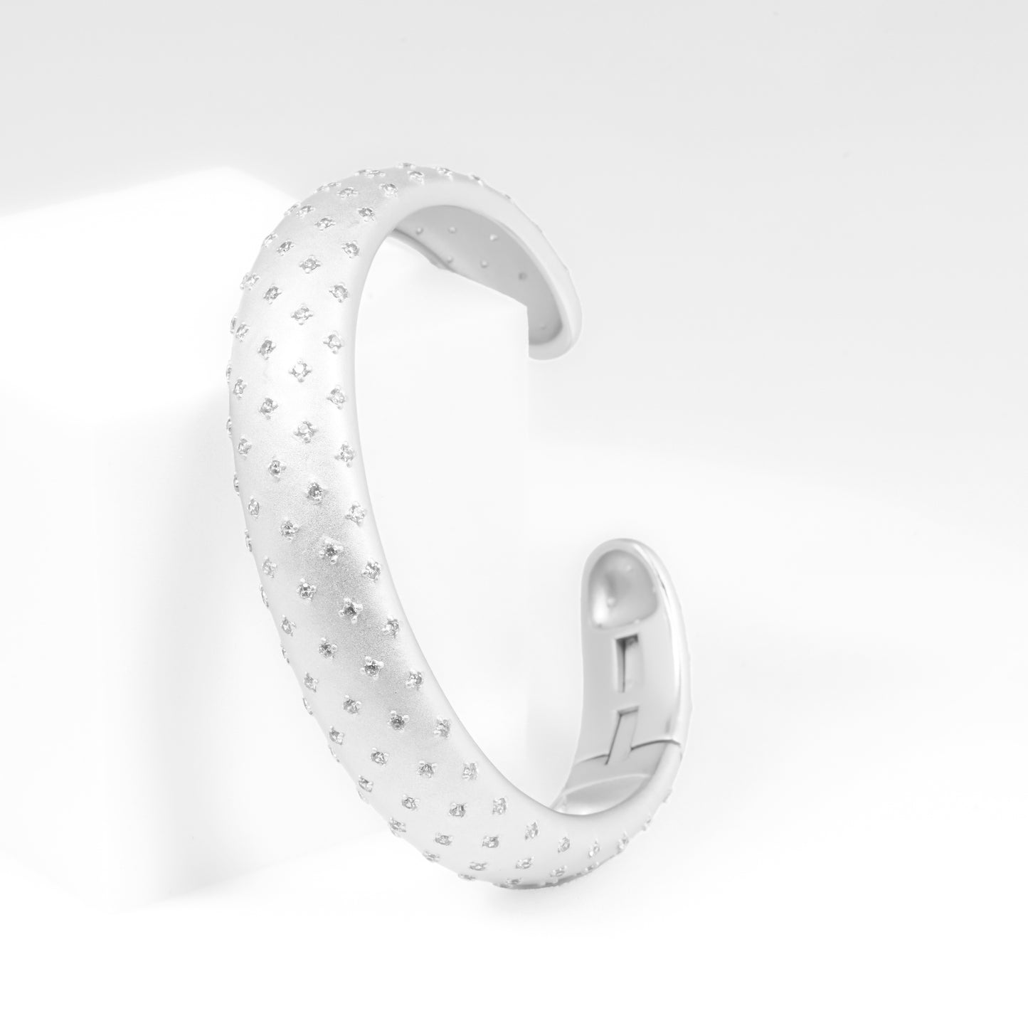 Silver Stardust Dome Studded Open Cuff Bracelet with Polished Silver-Plated Finish, Star-Inspired CZ Accents, and Modern Minimalist Wide Band Design for Everyday Chic and Evening Glamour