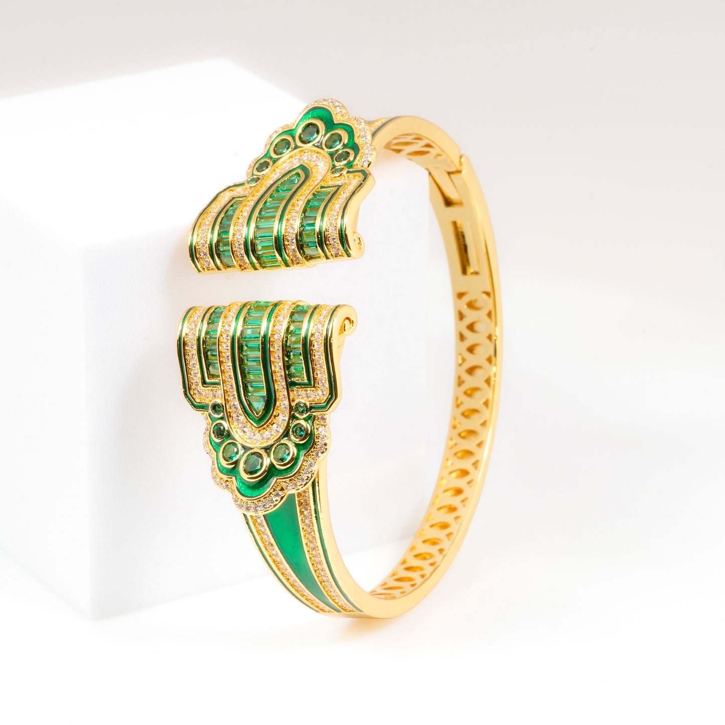 Regal Gold-Tone Cuff Bracelet with Emerald Green Stone Detailing and Statement Open-Front Design | Luxury Statement Jewelry for Weddings and Festive Glamour