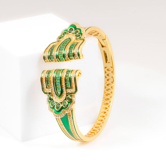 Regal Gold-Tone Cuff Bracelet with Emerald Green Stone Detailing and Statement Open-Front Design | Luxury Statement Jewelry for Weddings and Festive Glamour