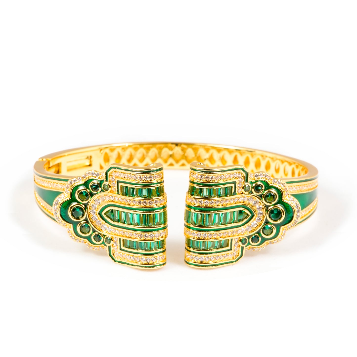 Regal Gold-Tone Cuff Bracelet with Emerald Green Stone Detailing and Statement Open-Front Design | Luxury Statement Jewelry for Weddings and Festive Glamour