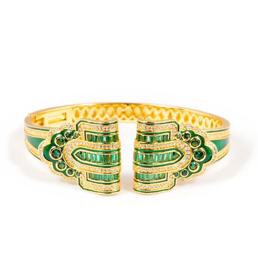 Regal Gold-Tone Cuff Bracelet with Emerald Green Stone Detailing and Statement Open-Front Design | Luxury Statement Jewelry for Weddings and Festive Glamour