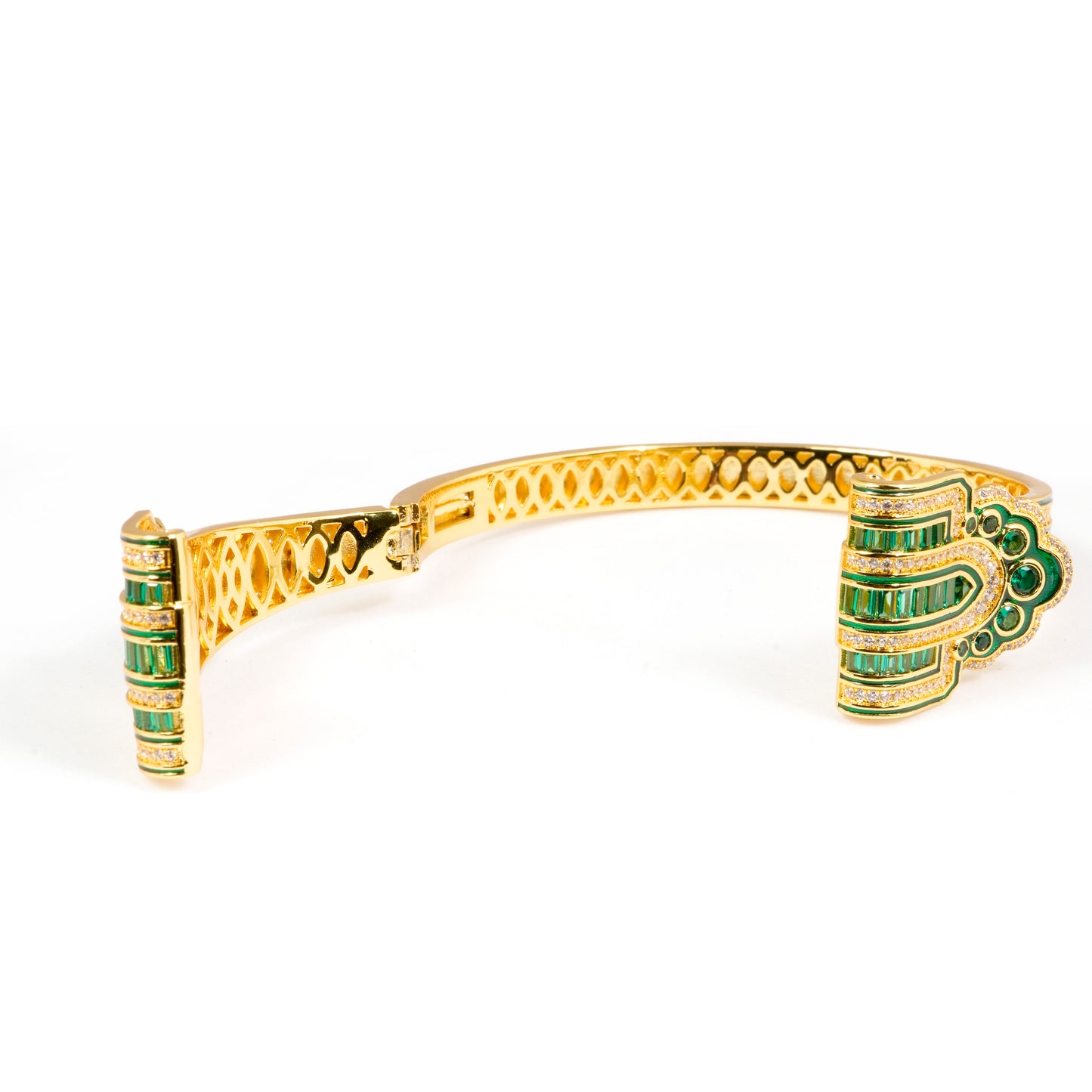 Regal Gold-Tone Cuff Bracelet with Emerald Green Stone Detailing and Statement Open-Front Design | Luxury Statement Jewelry for Weddings and Festive Glamour