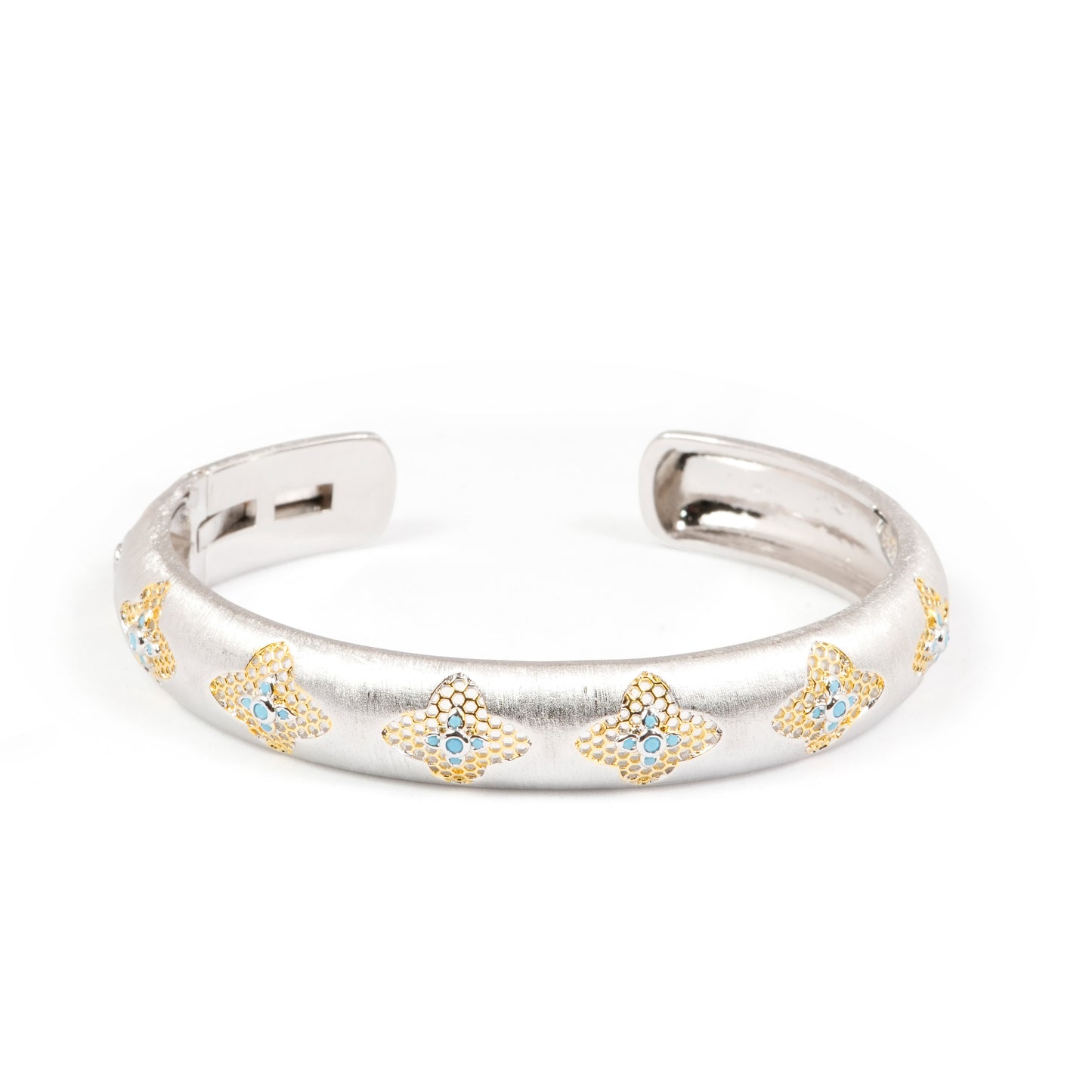 Silver-Tone Open Cuff Bracelet with Gold and Blue Diamond Look Motifs | Contemporary Fusion Jewelry for Elegant Styling