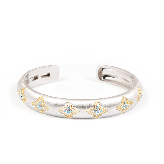 Silver-Tone Open Cuff Bracelet with Gold and Blue Diamond Look Motifs | Contemporary Fusion Jewelry for Elegant Styling