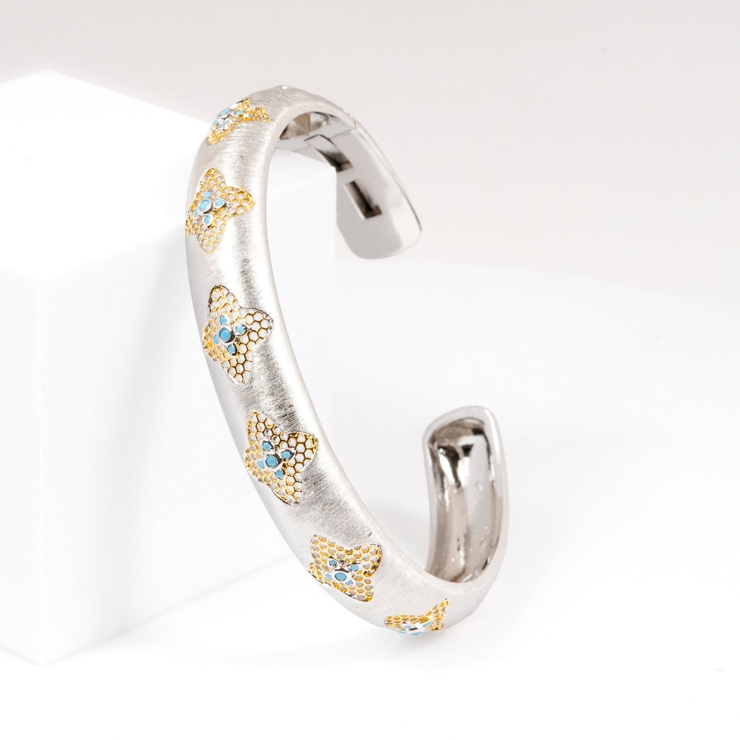 Silver-Tone Open Cuff Bracelet with Gold and Blue Diamond Look Motifs | Contemporary Fusion Jewelry for Elegant Styling