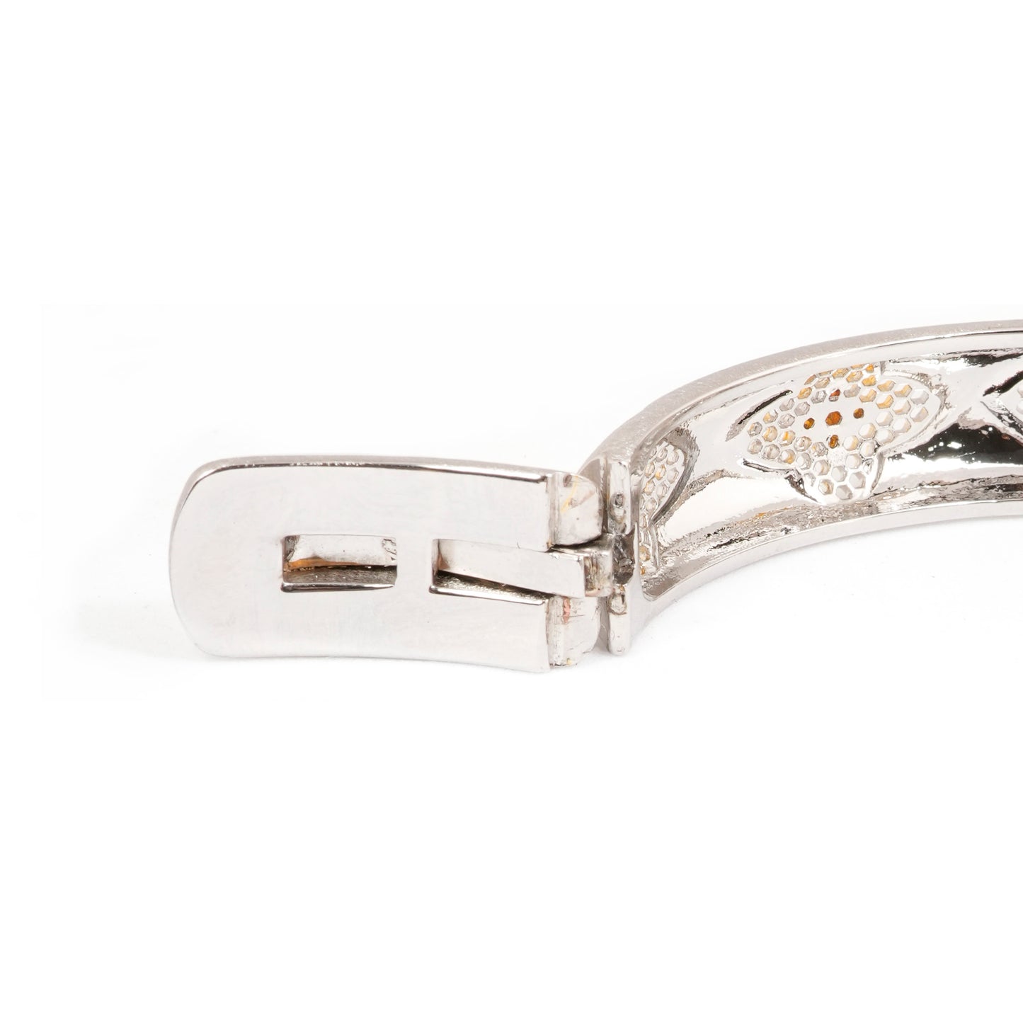 Silver-Tone Open Cuff Bracelet with Gold and Blue Diamond Look Motifs | Contemporary Fusion Jewelry for Elegant Styling