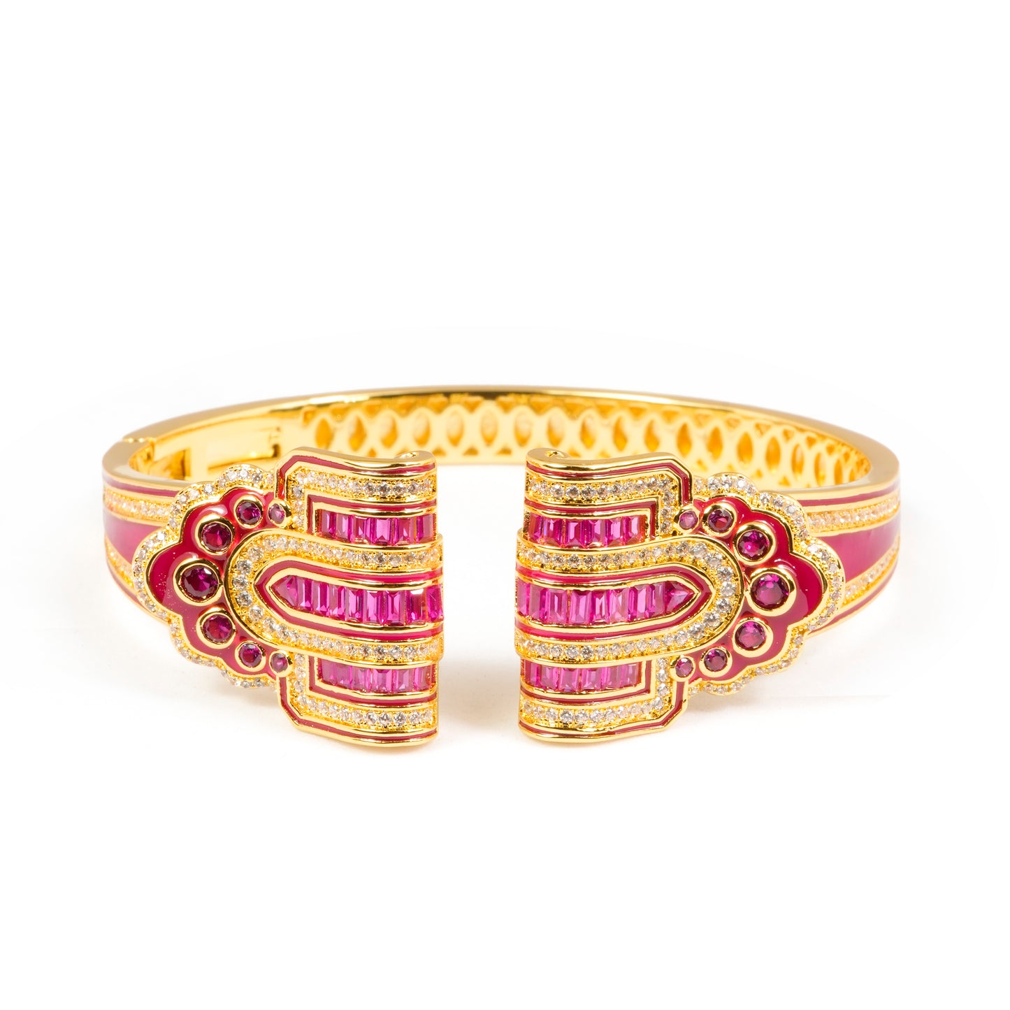 Ruby Elegance Gold-Plated Openable Bracelet with Intricate Baguette-Cut Ruby Stones, White Sparkling CZ Accents, and Designer Statement Open Cuff Design for Weddings, Festive Wear, and Luxury Gifting