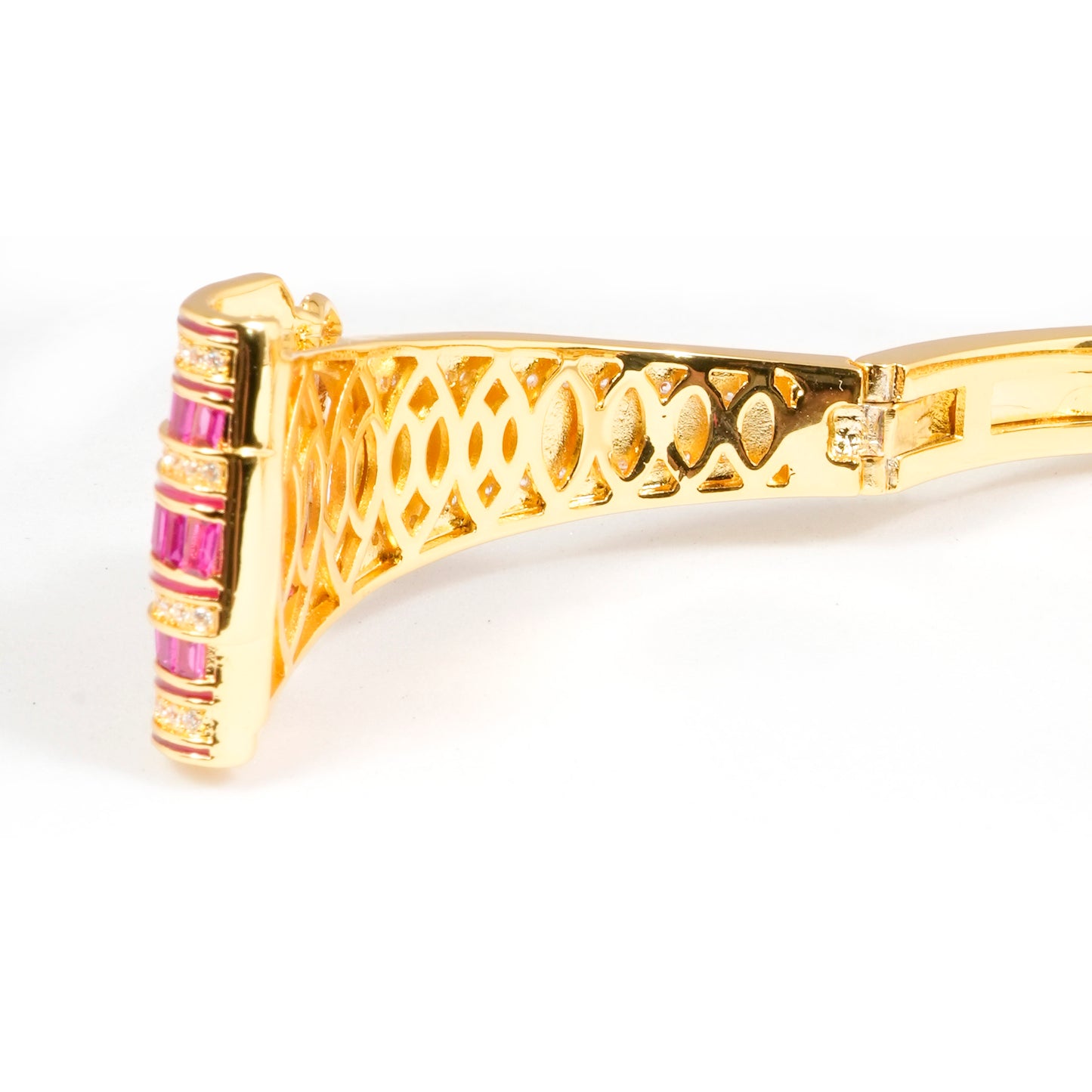 Ruby Elegance Gold-Plated Openable Bracelet with Intricate Baguette-Cut Ruby Stones, White Sparkling CZ Accents, and Designer Statement Open Cuff Design for Weddings, Festive Wear, and Luxury Gifting