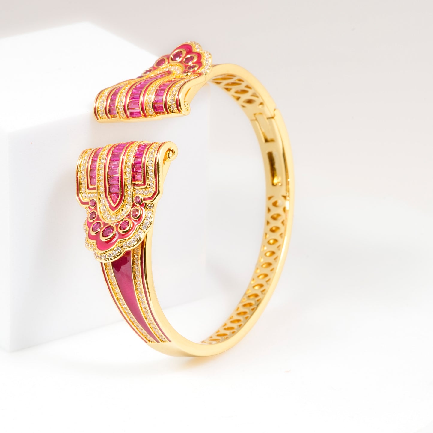 Ruby Elegance Gold-Plated Openable Bracelet with Intricate Baguette-Cut Ruby Stones, White Sparkling CZ Accents, and Designer Statement Open Cuff Design for Weddings, Festive Wear, and Luxury Gifting