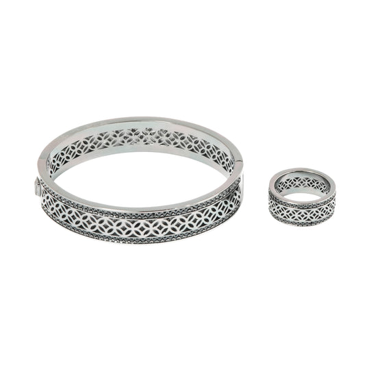 Silver Bracelet and Ring Set for Women | Intricate Cutwork Design Jewelry | Elegant Daily Wear and Party Accessory