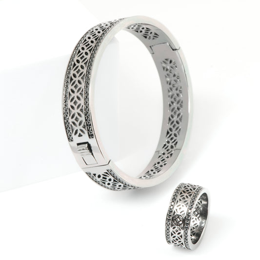 Silver Bracelet and Ring Set for Women | Intricate Cutwork Design Jewelry | Elegant Daily Wear and Party Accessory