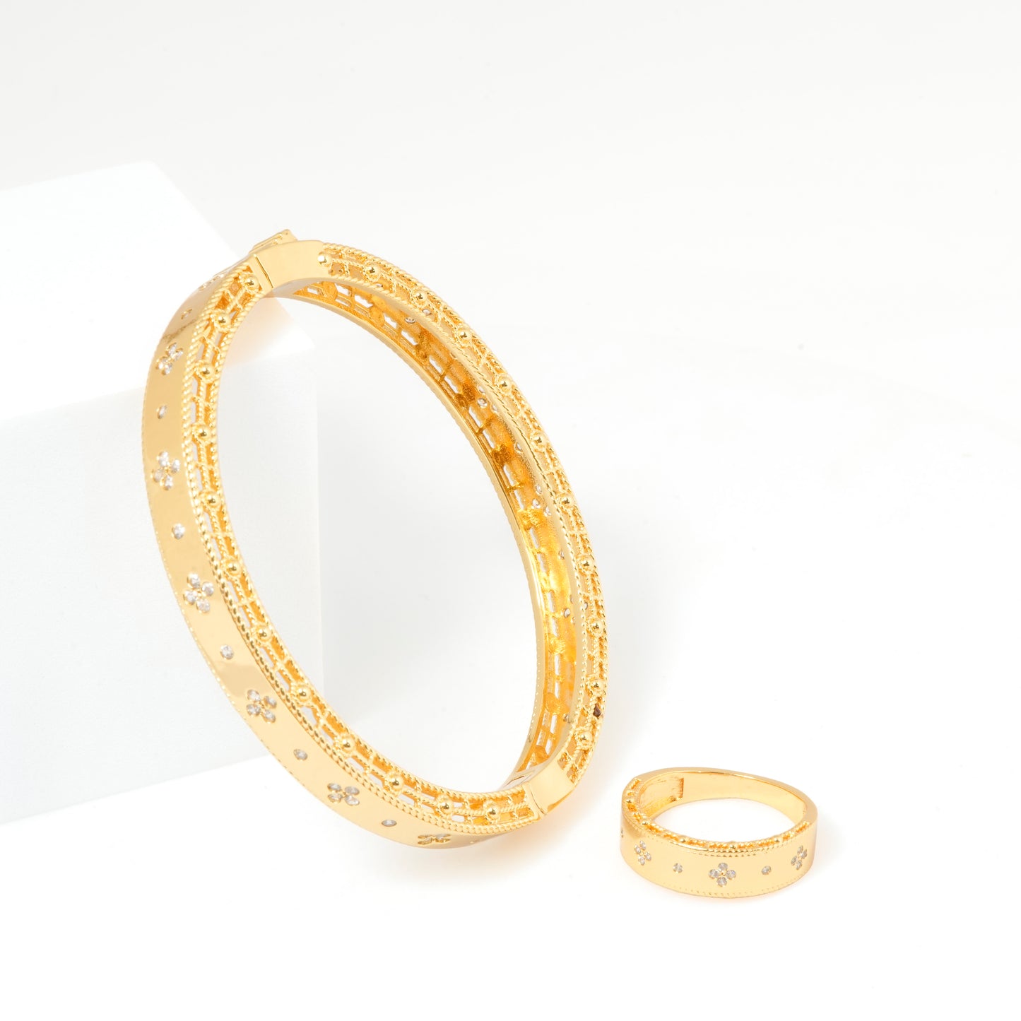 Gold Bracelet and Ring Set for Women | Floral Diamond Accent Jewelry | Elegant Daily Wear and Party Accessory