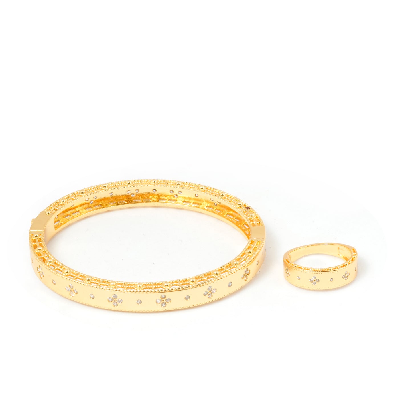 Gold Bracelet and Ring Set for Women | Floral Diamond Accent Jewelry | Elegant Daily Wear and Party Accessory