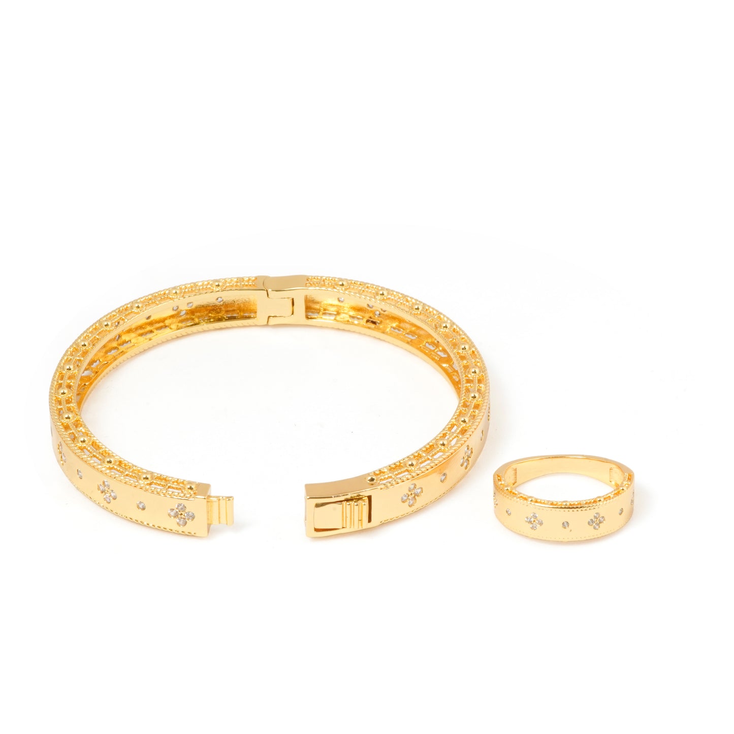 Gold Bracelet and Ring Set for Women | Floral Diamond Accent Jewelry | Elegant Daily Wear and Party Accessory