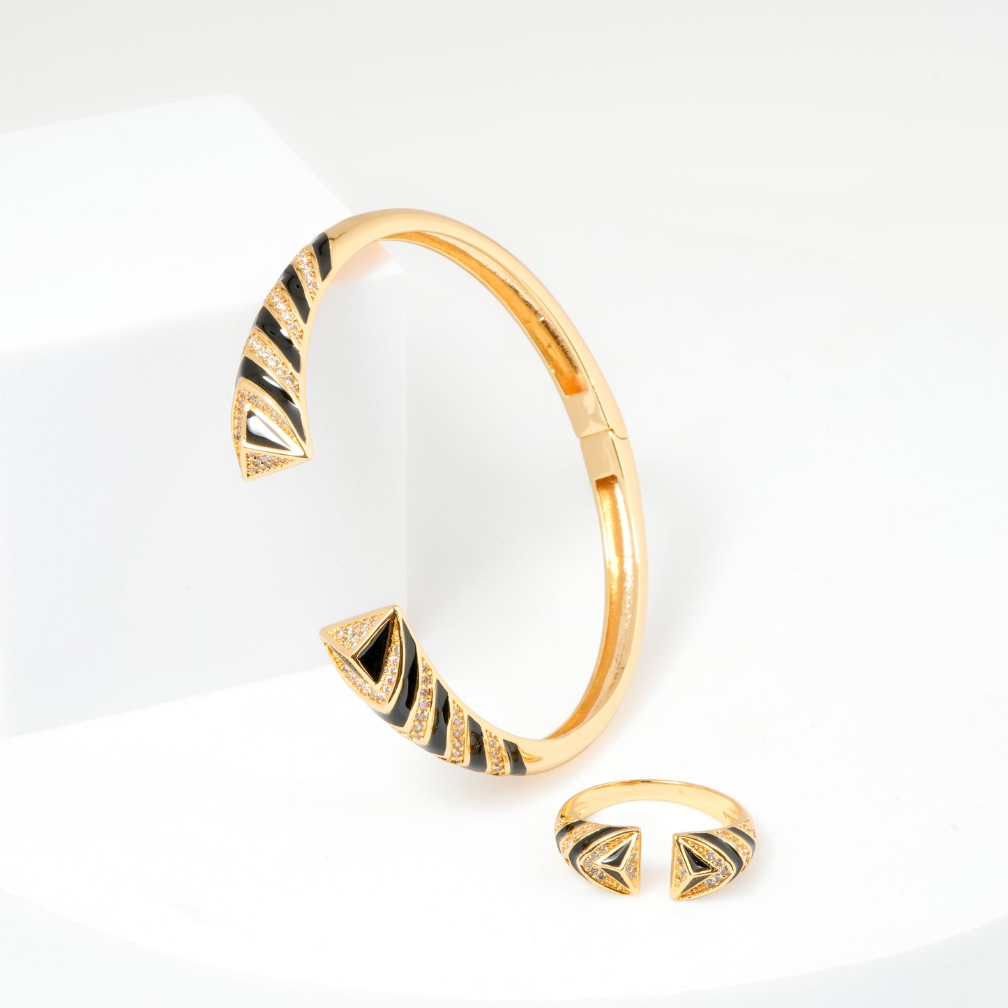 Gold Bracelet and Ring Set for Women | Black Enamel Chevron Design Jewelry with Crystal Accents | Stylish Party and Everyday Wear