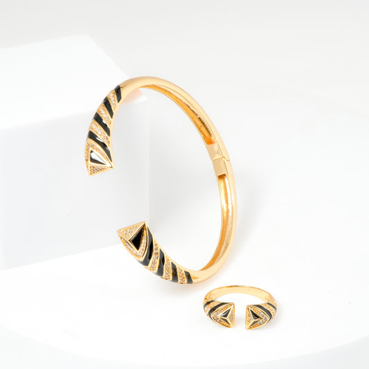 Gold Bracelet and Ring Set for Women | Black Enamel Chevron Design Jewelry with Crystal Accents | Stylish Party and Everyday Wear