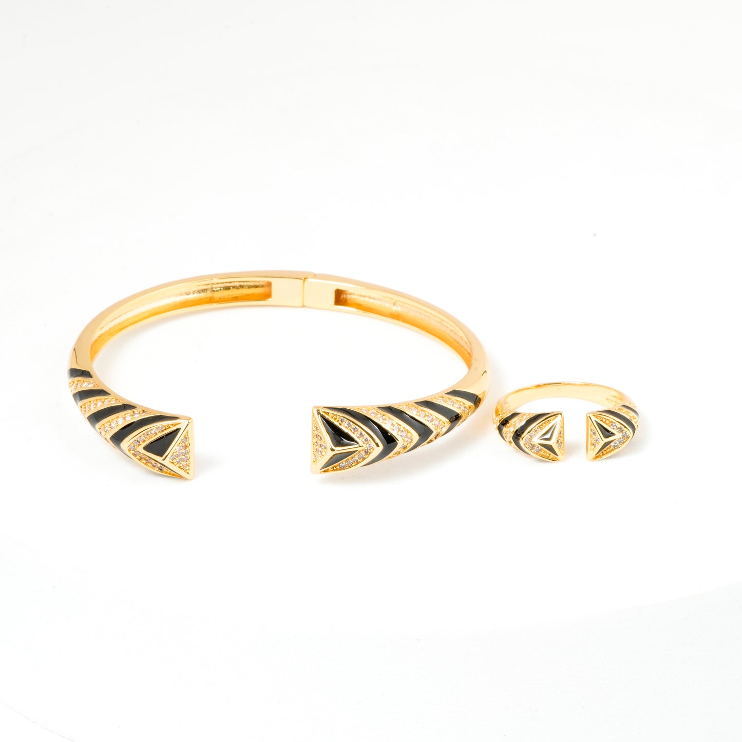 Gold Bracelet and Ring Set for Women | Black Enamel Chevron Design Jewelry with Crystal Accents | Stylish Party and Everyday Wear
