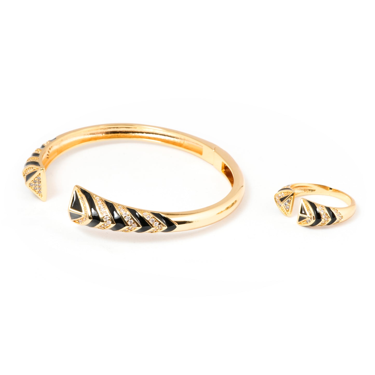 Gold Bracelet and Ring Set for Women | Black Enamel Chevron Design Jewelry with Crystal Accents | Stylish Party and Everyday Wear