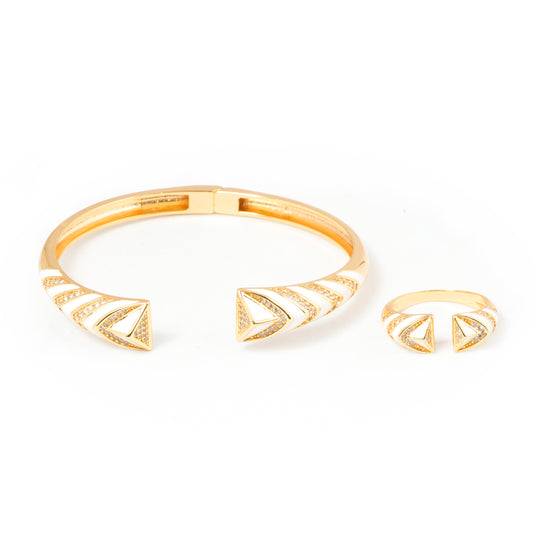 Gold Bracelet and Ring Set for Women | White Enamel Chevron Design Jewelry with Crystal Accents | Elegant Party and Daily Wear Set