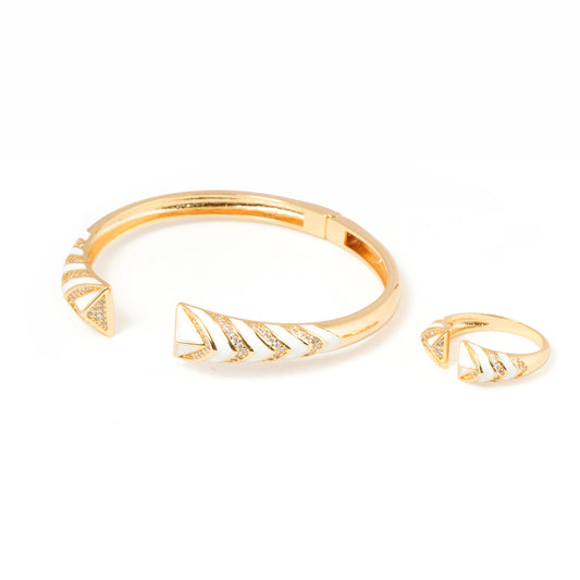 Gold Bracelet and Ring Set for Women | White Enamel Chevron Design Jewelry with Crystal Accents | Elegant Party and Daily Wear Set