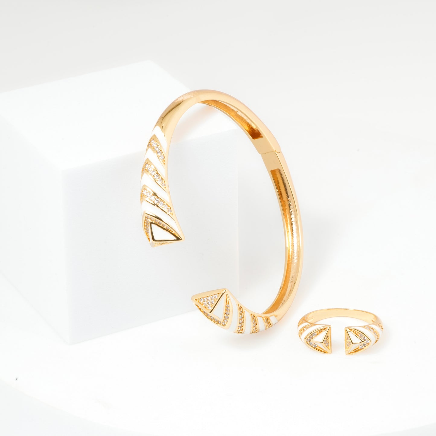 Gold Bracelet and Ring Set for Women | White Enamel Chevron Design Jewelry with Crystal Accents | Elegant Party and Daily Wear Set