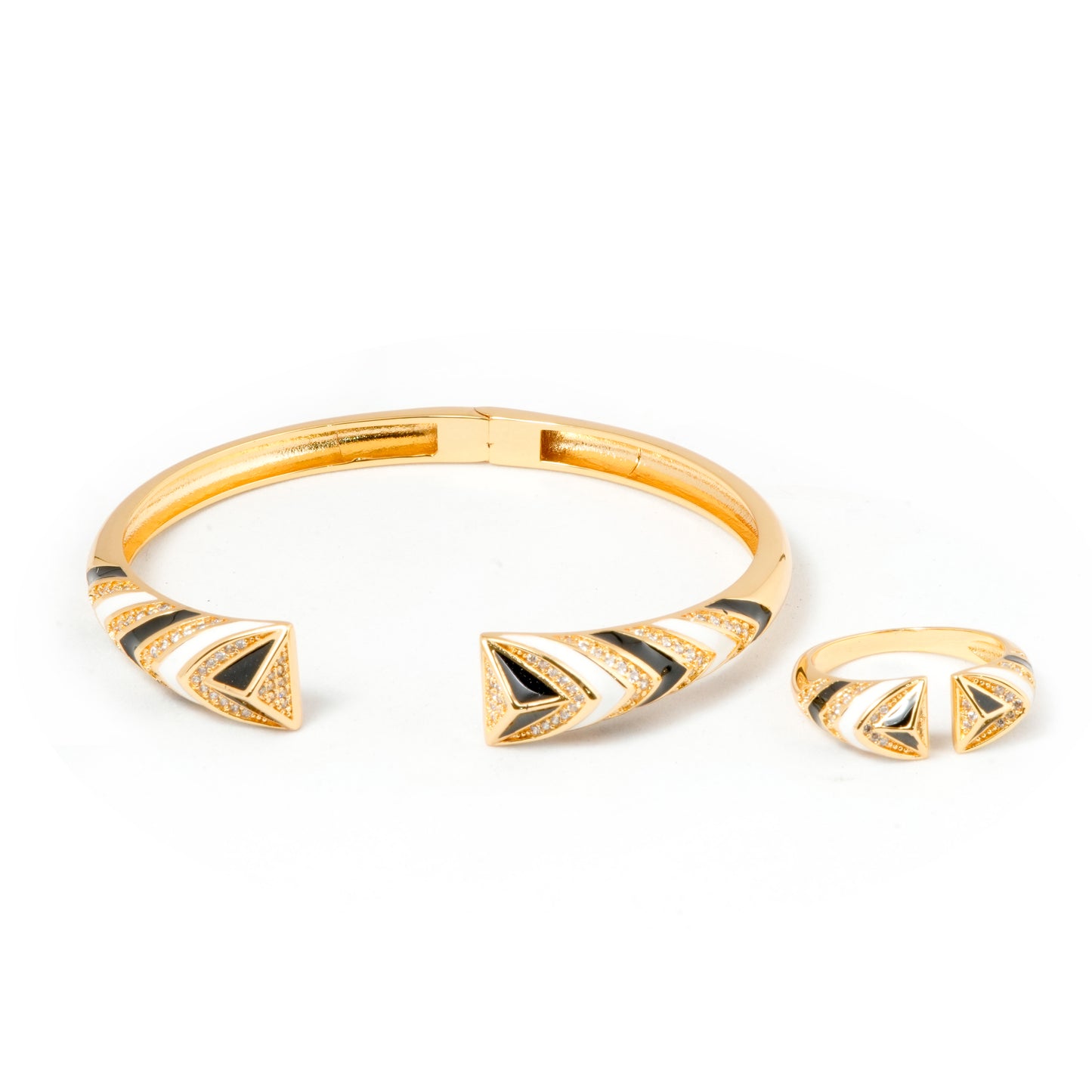 Bold Gold Chevron Bracelet with Matching Ring – Striking Black Enamel Detailing, Open-Ended Design and Contemporary Statement Jewelry for Special Occasions