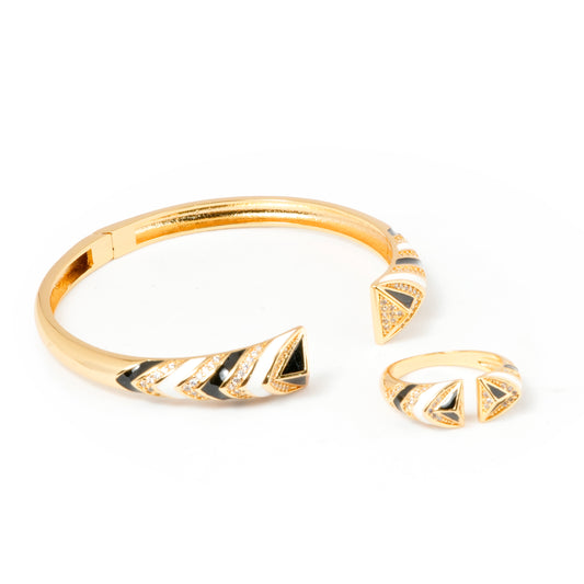 Bold Gold Chevron Bracelet with Matching Ring – Striking Black Enamel Detailing, Open-Ended Design and Contemporary Statement Jewelry for Special Occasions