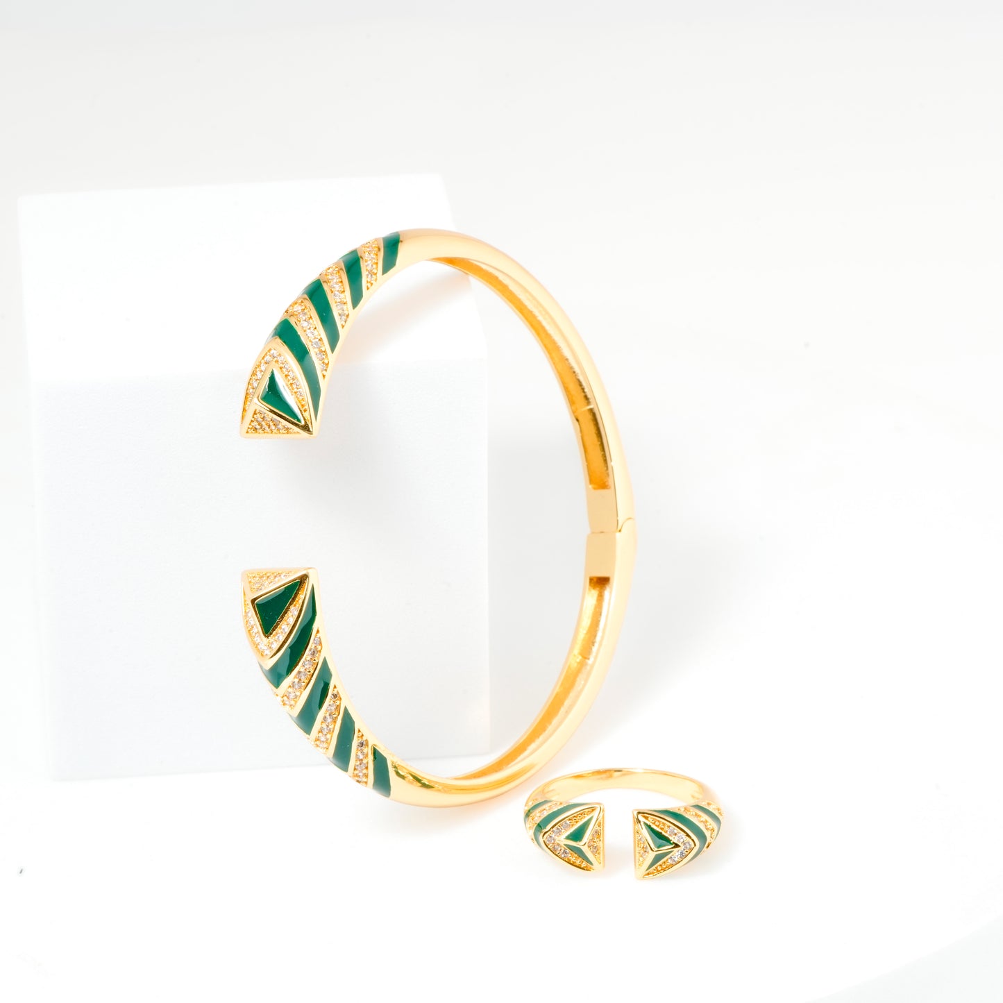 Gold Bracelet and Ring Set for Women | Green Enamel Chevron Design Jewelry with Crystal Detailing | Stylish Party and Daily Wear Set