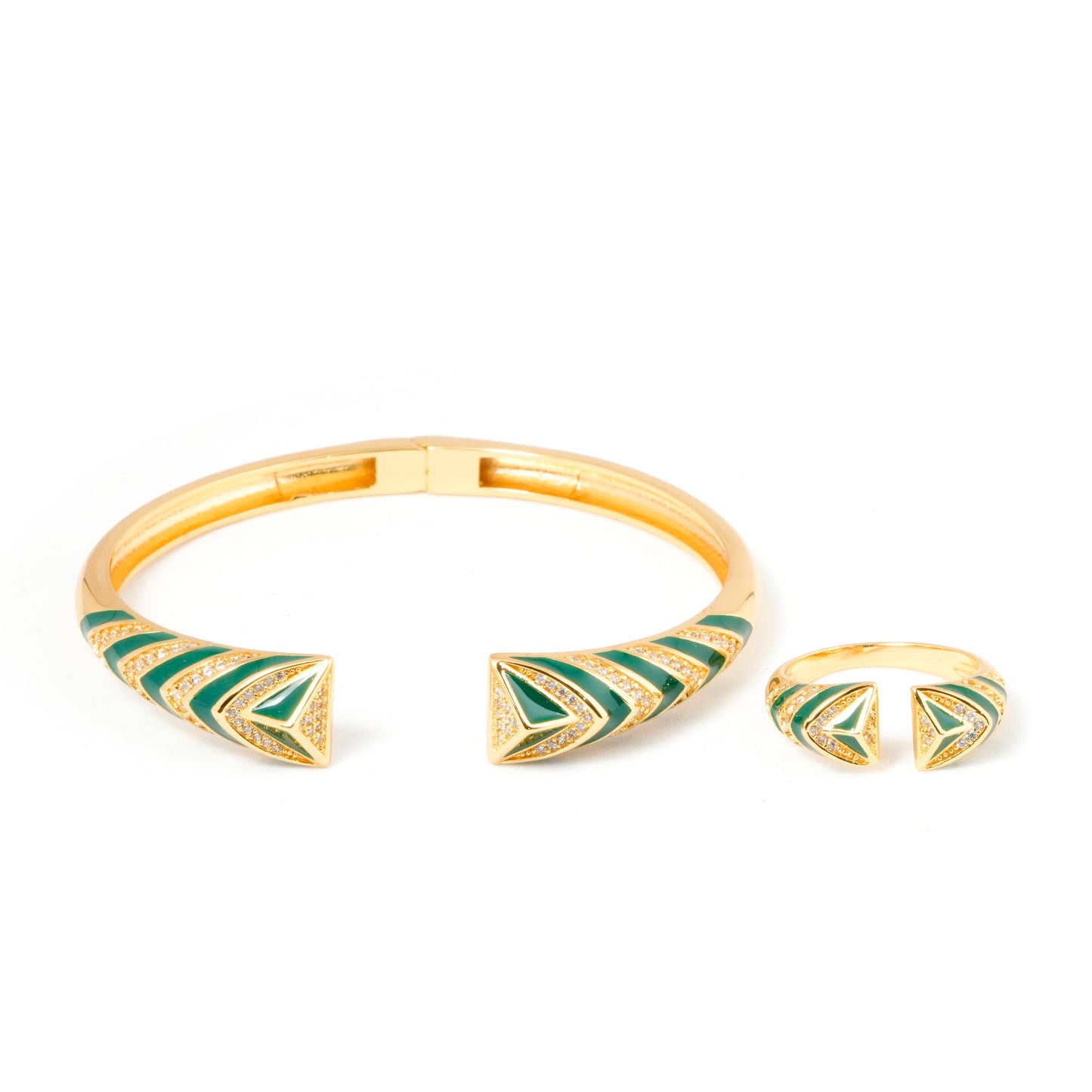 Gold Bracelet and Ring Set for Women | Green Enamel Chevron Design Jewelry with Crystal Detailing | Stylish Party and Daily Wear Set