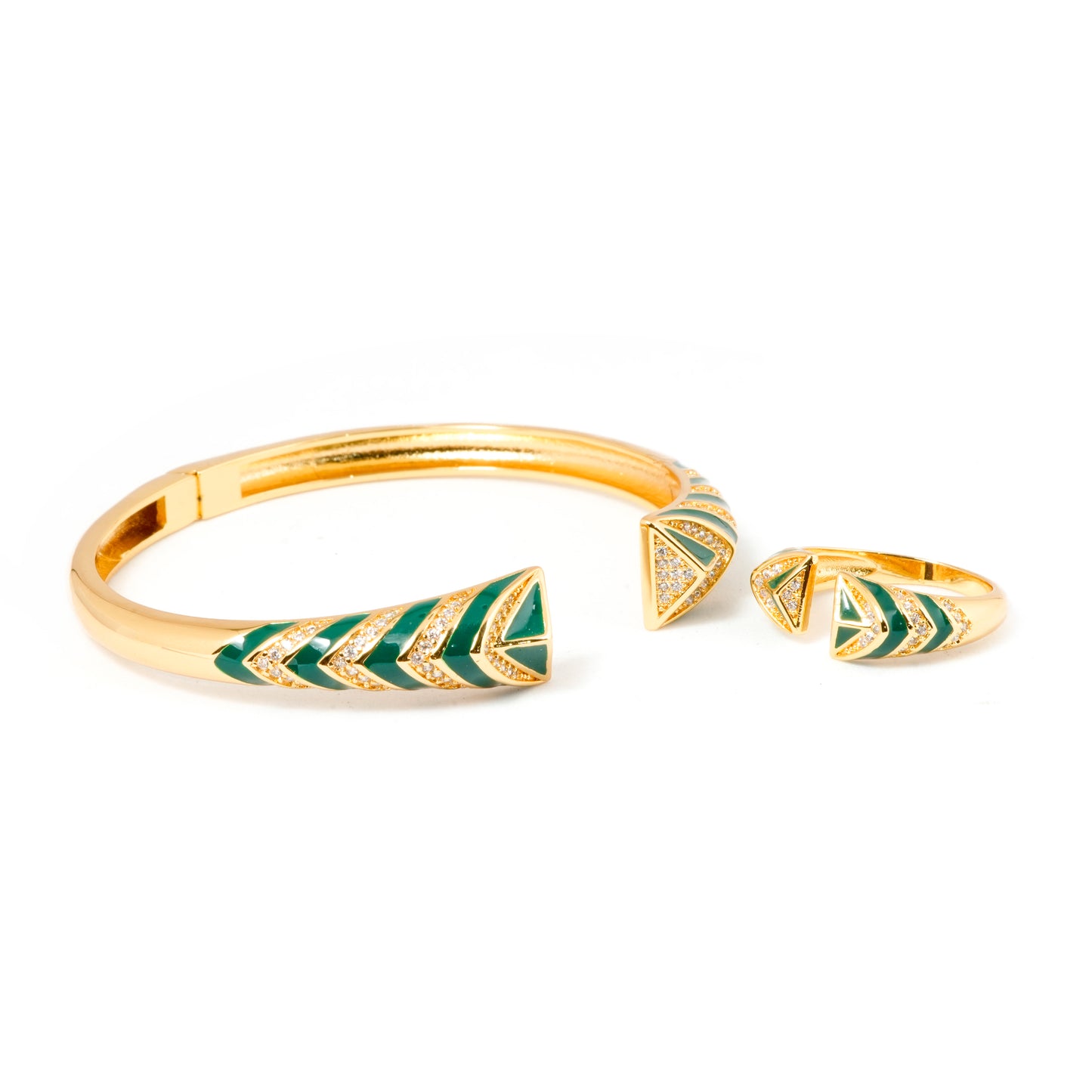 Gold Bracelet and Ring Set for Women | Green Enamel Chevron Design Jewelry with Crystal Detailing | Stylish Party and Daily Wear Set