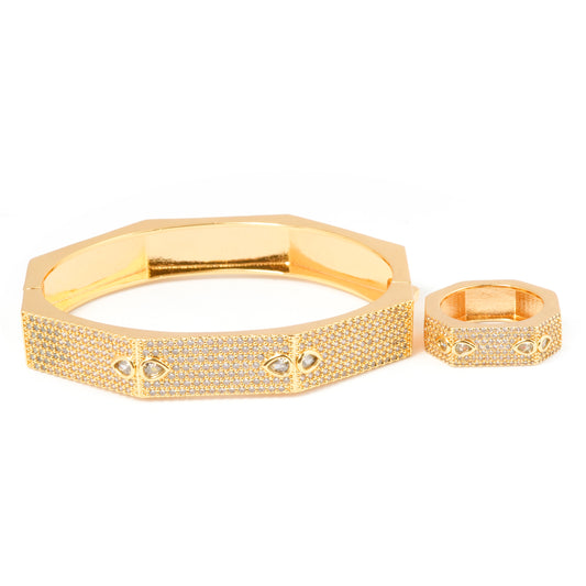Geometric Gold Bracelet and Ring Set for Women | Octagon Design Jewelry with Crystal Accents | Stylish Party and Daily Wear Set