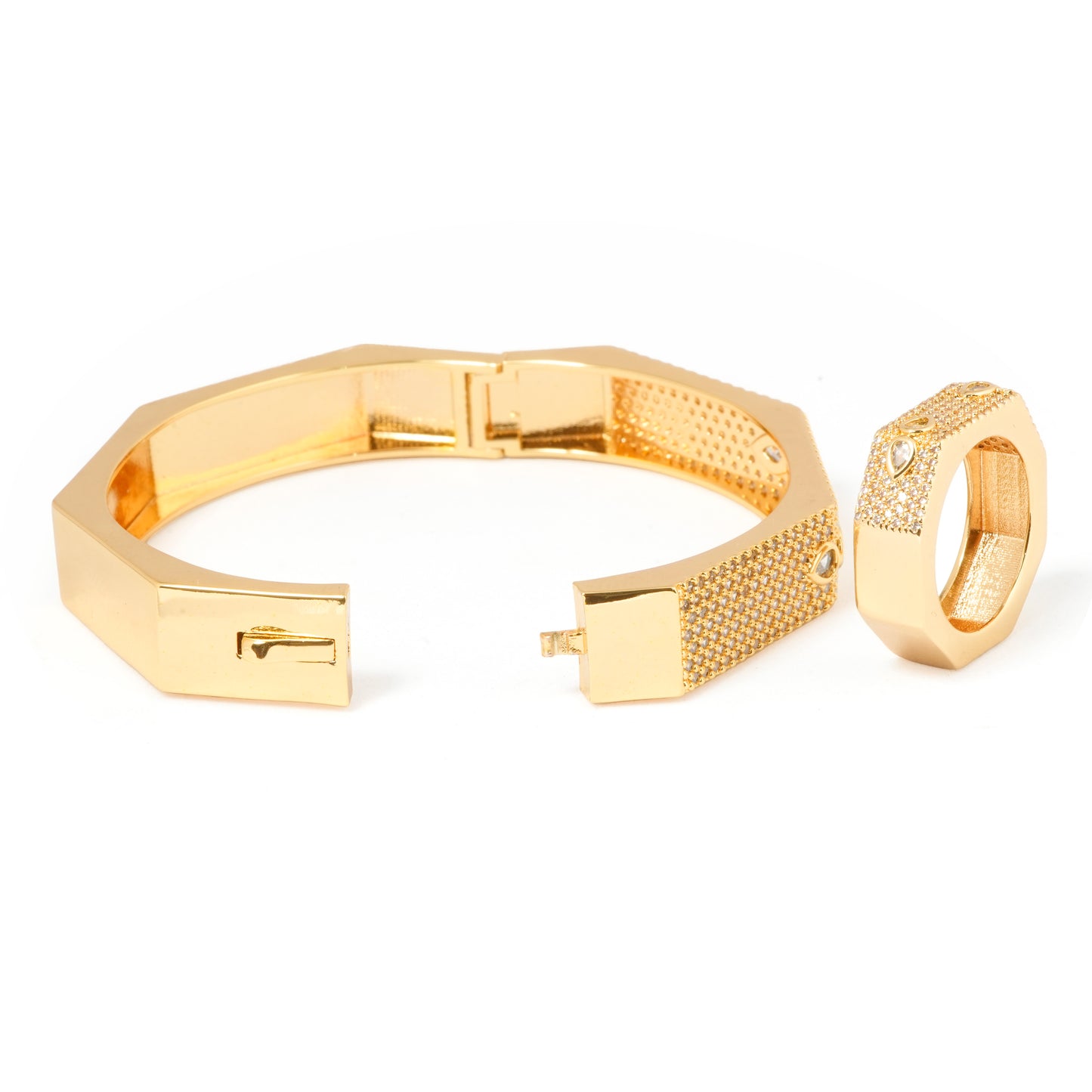 Geometric Gold Bracelet and Ring Set for Women | Octagon Design Jewelry with Crystal Accents | Stylish Party and Daily Wear Set