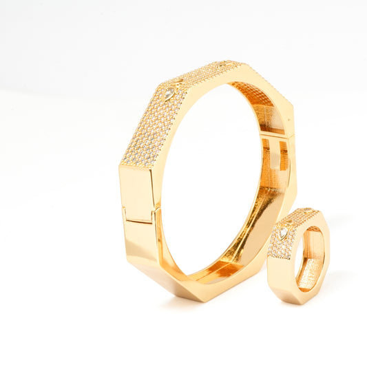 Geometric Gold Bracelet and Ring Set for Women | Octagon Design Jewelry with Crystal Accents | Stylish Party and Daily Wear Set