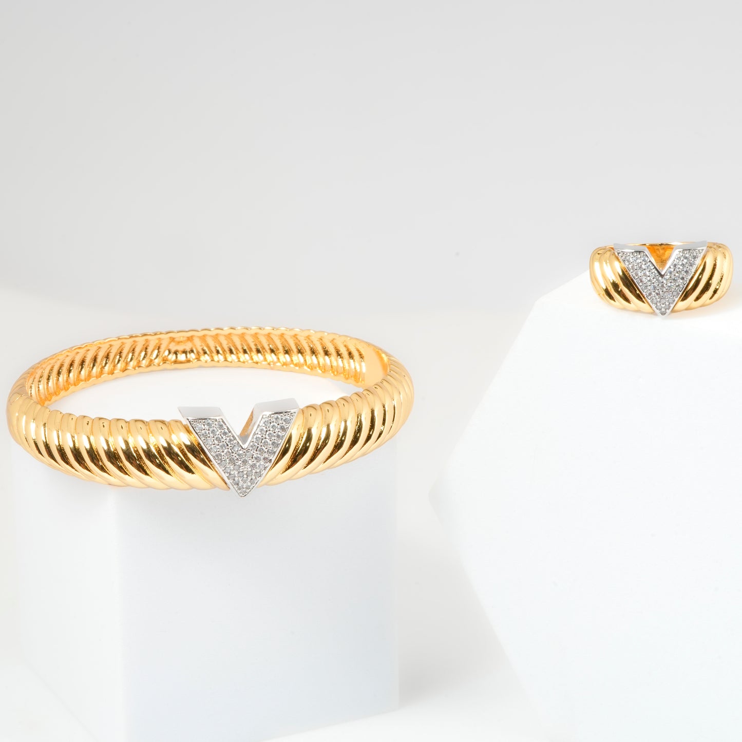 Gold Bracelet and Ring Set for Women | Bold V-Shaped Design Jewelry with Crystal Detailing | Modern Statement Set for Party and Daily Wear